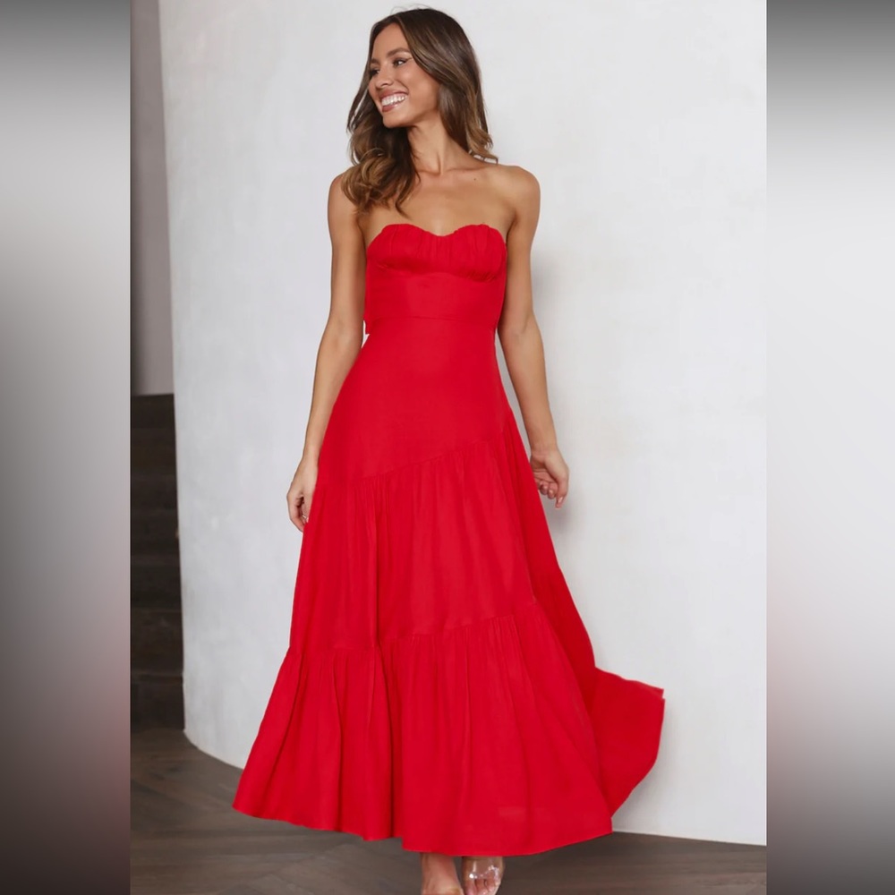 Red strapless hello Molly strapless open back dress